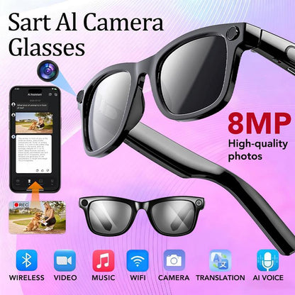 KI-Smart-Brille mit ChatGPT, 8-MP-Kamera und HD 1200P 4K-Videoaufzeichnung, Echtzeitübersetzung in über 160 Sprachen, Bluetooth 5.4, HiFi-Audio- und Musiksteuerung, intelligente Sonnenbrille mit Videoaufzeichnung für unterwegs