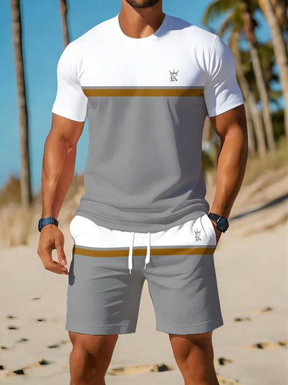 Zweiteiliges Kurzarm-Set für Herren im Colorblock-Look, lässige Sommer-Sportbekleidung, schlichte Strandmode, zeitgemäßer, figurbetonter Stil, lässiges Sportoutfit
