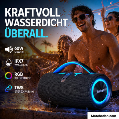 Tragbarer kabelloser Bluetooth-Lautsprecher für das Badezimmer, wasserdicht, 30 W × 2, zwei Lautsprecher, IPX7-zertifiziert, tragbarer Bass-Stereo-Sound, RGB-Beleuchtung, TWS-Kopplung für zu Hause, im Freien, auf Partys und am Strand