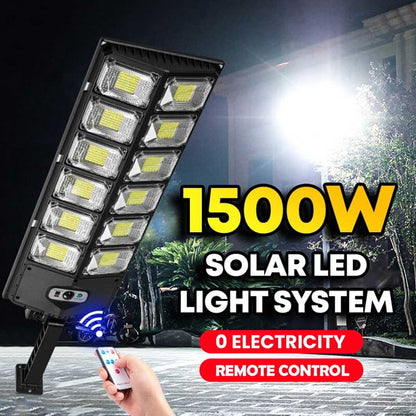 💎 50 % RABATT! 💎 1500-W-LED-Solarbeleuchtungssystem: superhell, kabellos und wetterfest, mit Bewegungssensor + Fernbedienung (IP65) ☀️💡