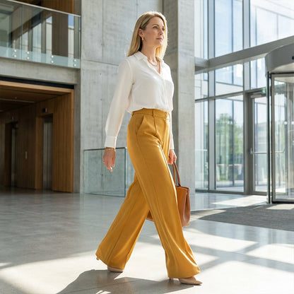 💎 57 % RABATT – NUR 3 TAGE! 💎 Damenhose mit hoher Taille und ausgestelltem Bein – fließender Schnitt, verlängerte Silhouette und knitterfreier Stoff