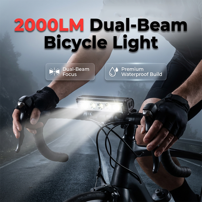 2000 LM Dual-Beam-Fahrradlampe, über USB aufladbar, wasserdichter, heller Fahrradscheinwerfer, Frontlampe mit einstellbarem Lichtstrahl für Nachtfahrten und Mountainbiking