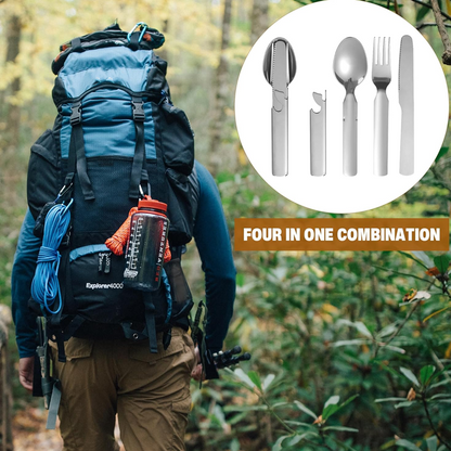 🌞Frühlingserwachen: 50% Rabatt!🥄 4-in-1 tragbares Besteckset aus Edelstahl – Gabel, Löffel, Messer + Flaschenöffner, kompakt & leicht für Picknick und Reisen