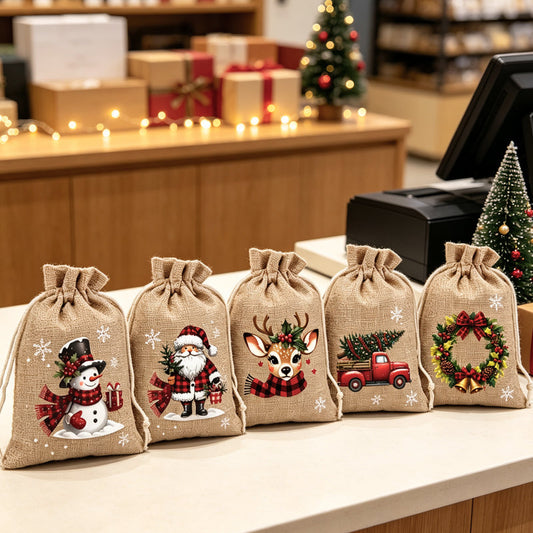 🎄 50% RABATT! 🎁Weihnachtliche Geschenksäckchen aus Polyester mit Kordelzug, 10 Stück